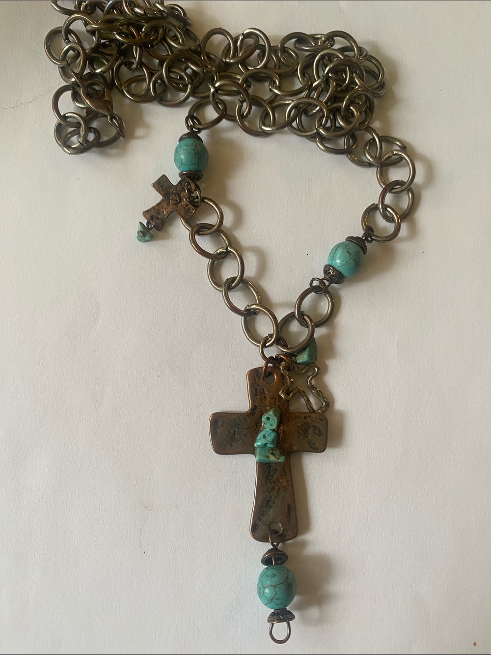 Artisan Turquoise and Bronze Cross Charm Necklace